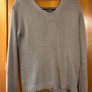 Gray V-Neck Knit Sweater with Ribbed Texture